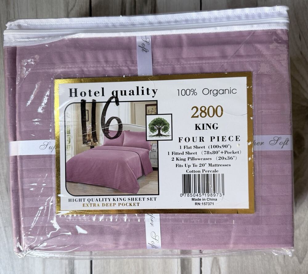 Hotel Quality 2800 Series 100% Organic Cotton Percale Lavender/ Pink King New